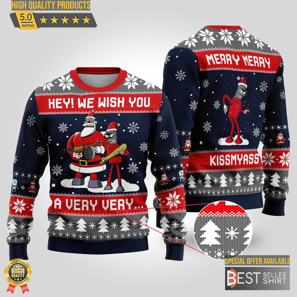 Futurama Ugly Christmas Sweatshirt Bender Ugly Sweater Furatama Merry Merry Kissmyass American Sitcom 1