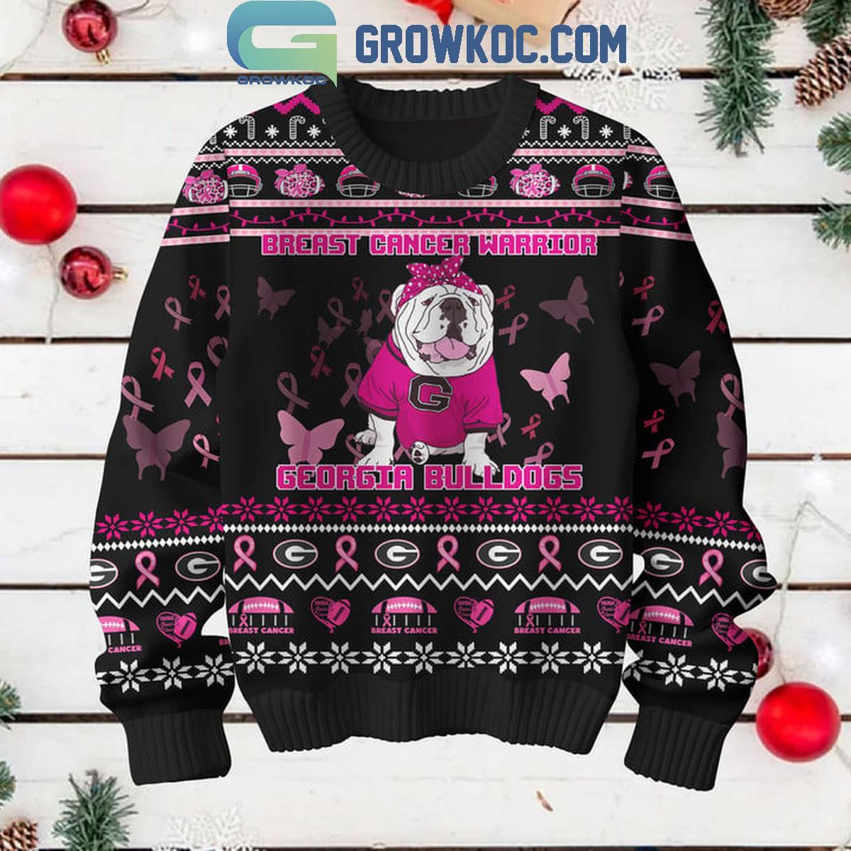 Georgia Bulldogs Breast Cancer Warrior Tackle Cancer Christmas Black Ugly Sweater 1 Ol7DB