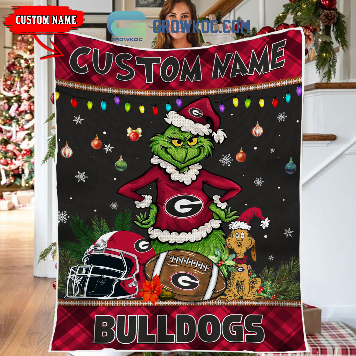 Georgia Bulldogs Grinch Football Merry Christmas Light Personalized Fleece Blanket Quilt2B1 C5cfO