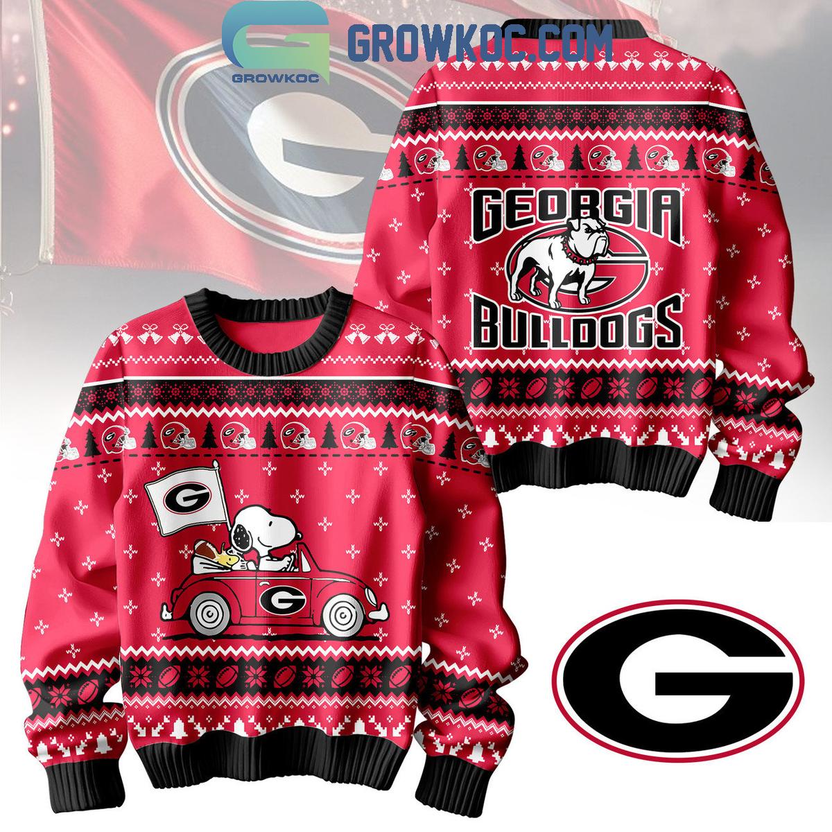 Georgia Bulldogs Snoopy Peanuts 75th Anniversary 1950 2025 Christmas Ugly Sweater 1 wKdmd