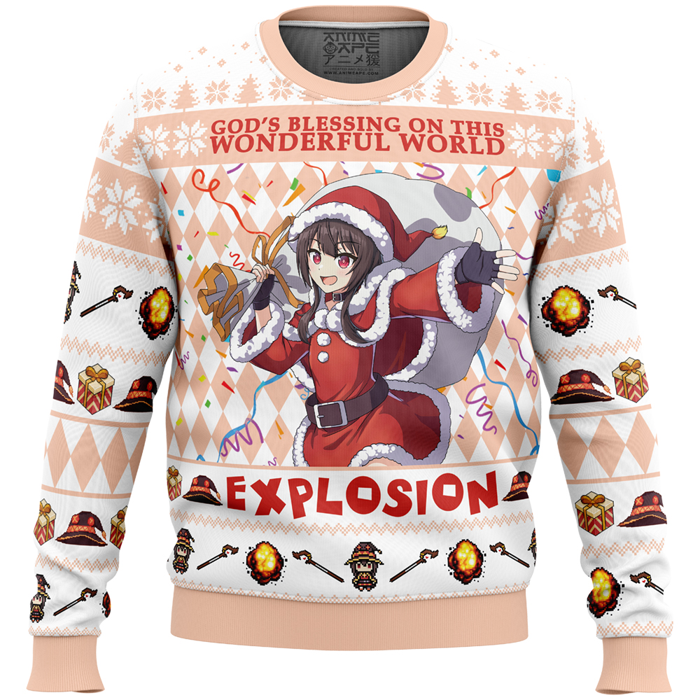 Gods Blessing on this World Explosion KonoSuba Ugly Christmas Sweater FRONT mockup