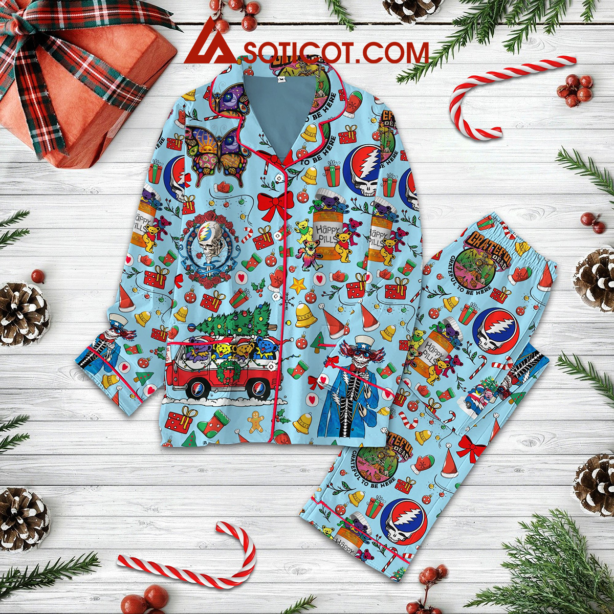 Grateful Dead Grateful To Be Here Happy Pills Happy Holidays Mery Christmas Silk Pajamas Set2B1 8bvn9