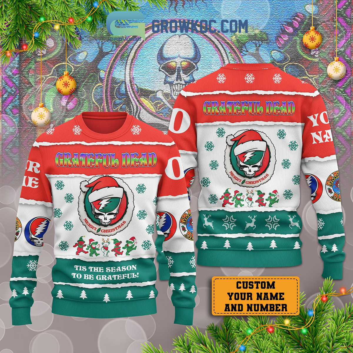 Grateful Dead Tis The Season To Be Grateful Christmas Custom Name Number Ugly Sweaters2B1 69qOP