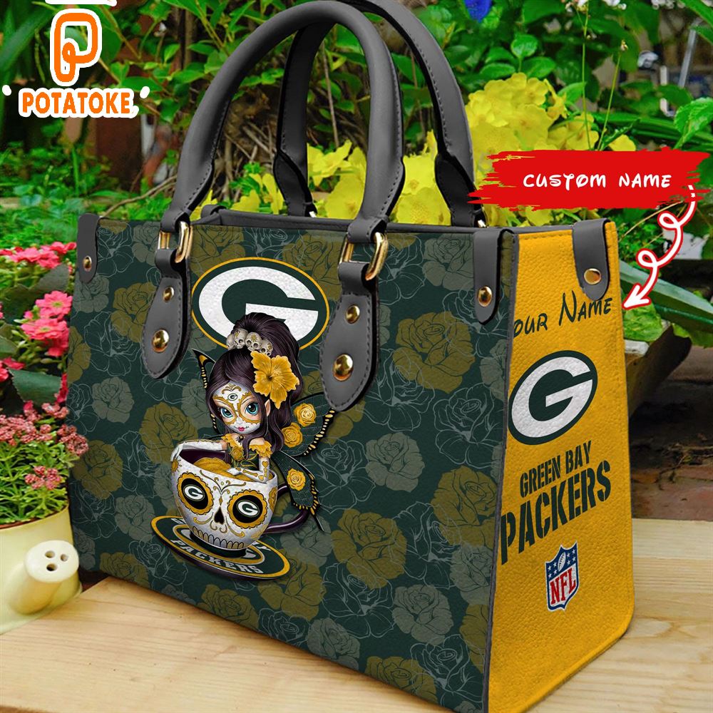 Green Bay Packers Sugar Skull Girl Women Leather Hand Bag