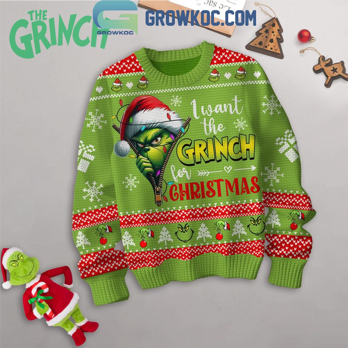 Grinch I Want The Grinch For Christmas Ugly Sweater Green 1 Puqqw