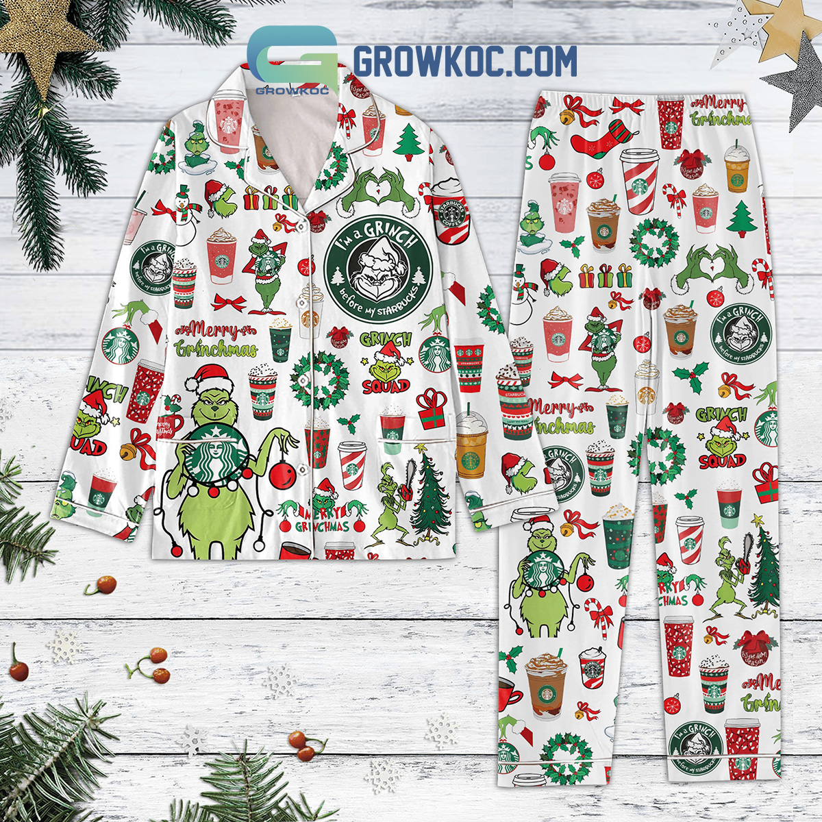 Grinch Starbucks Coffeeholic Christmas Polyester Pajamas Set White Version2B1 Y6Uu5