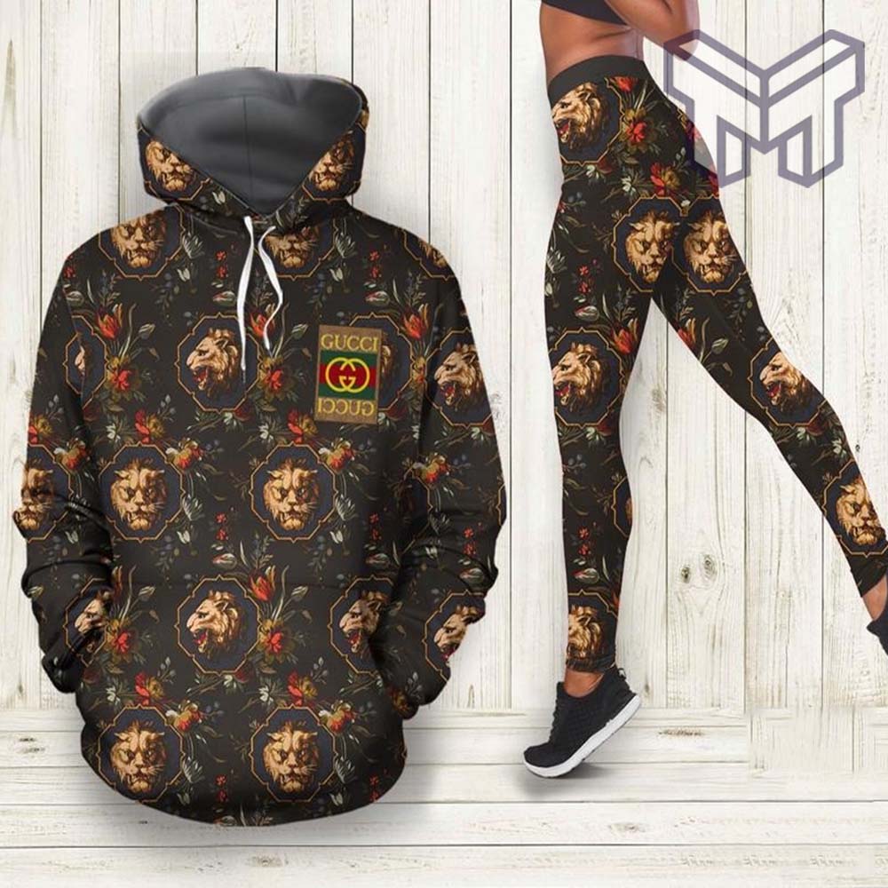 Gucci tiger floral black all over print hoodie leggings set hot 2023