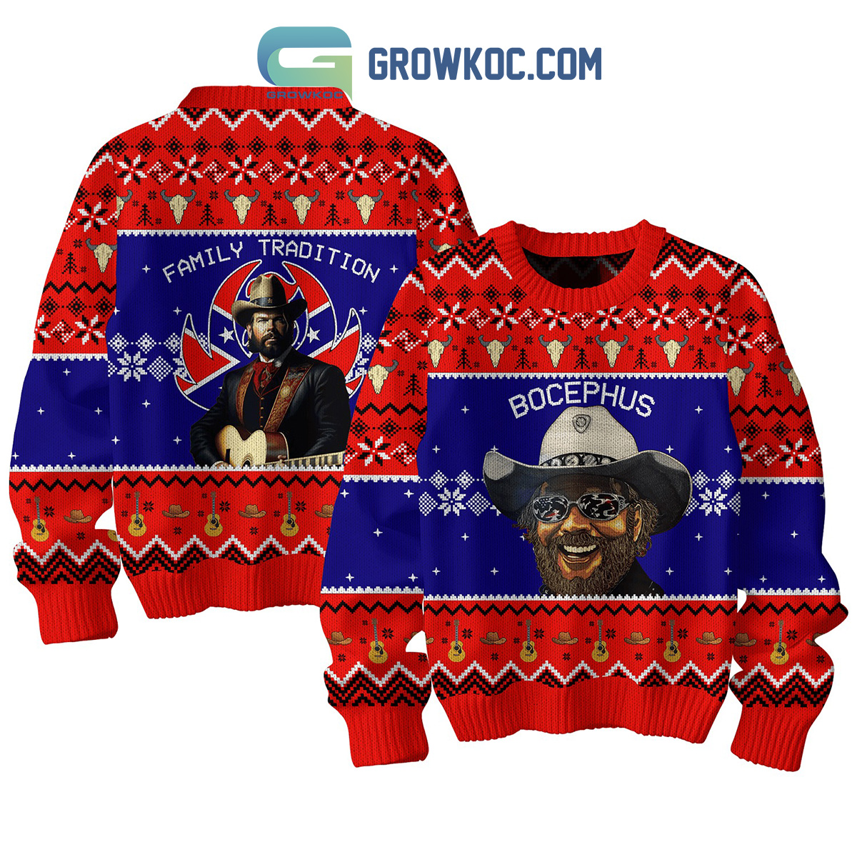 Hank Williams Jr. Bocephus Family Tradition Christmas Ugly Sweater2B1 WLgYB