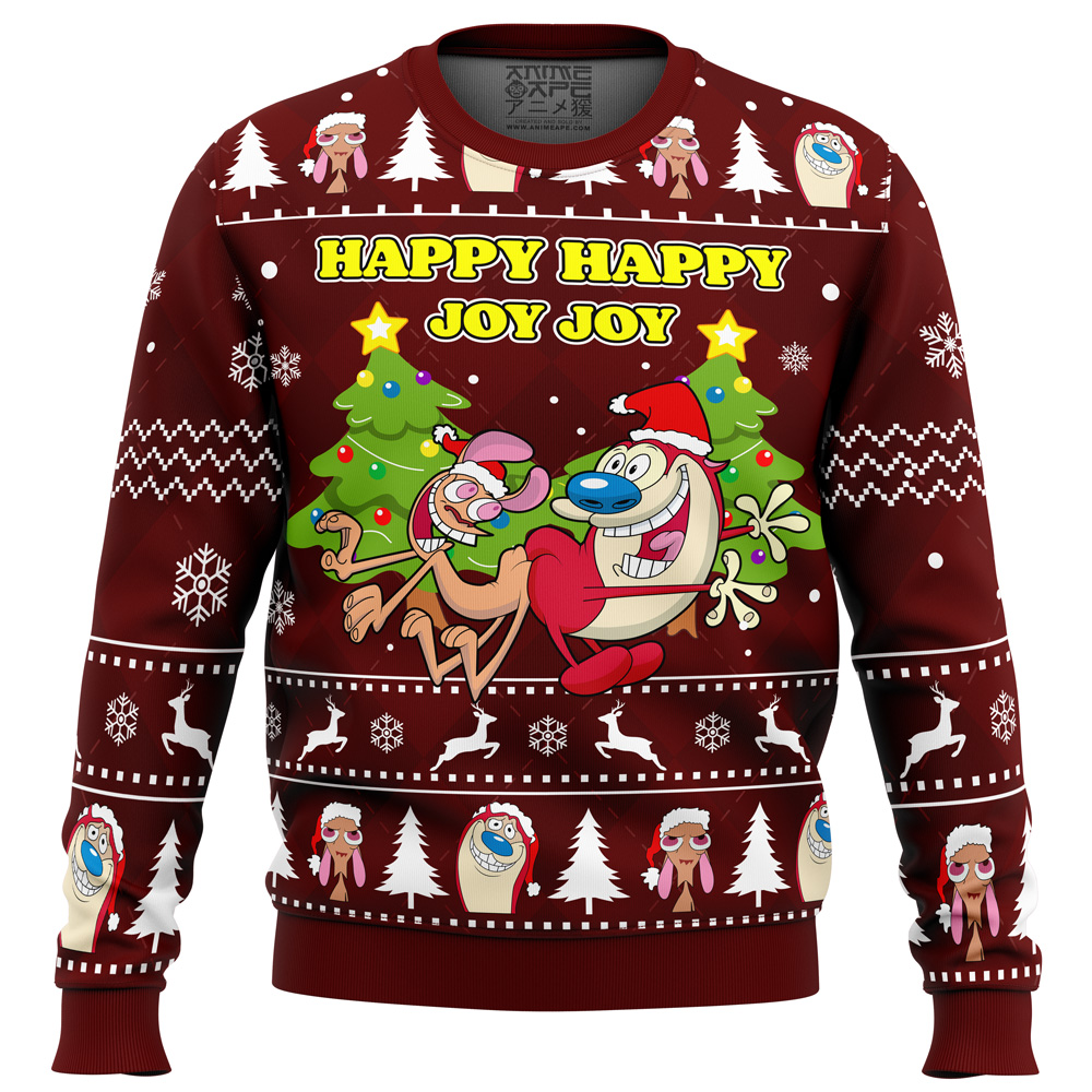 Happy Happy Joy Joy Ren And Stimpy Ugly Christmas Sweater FRONT mockup