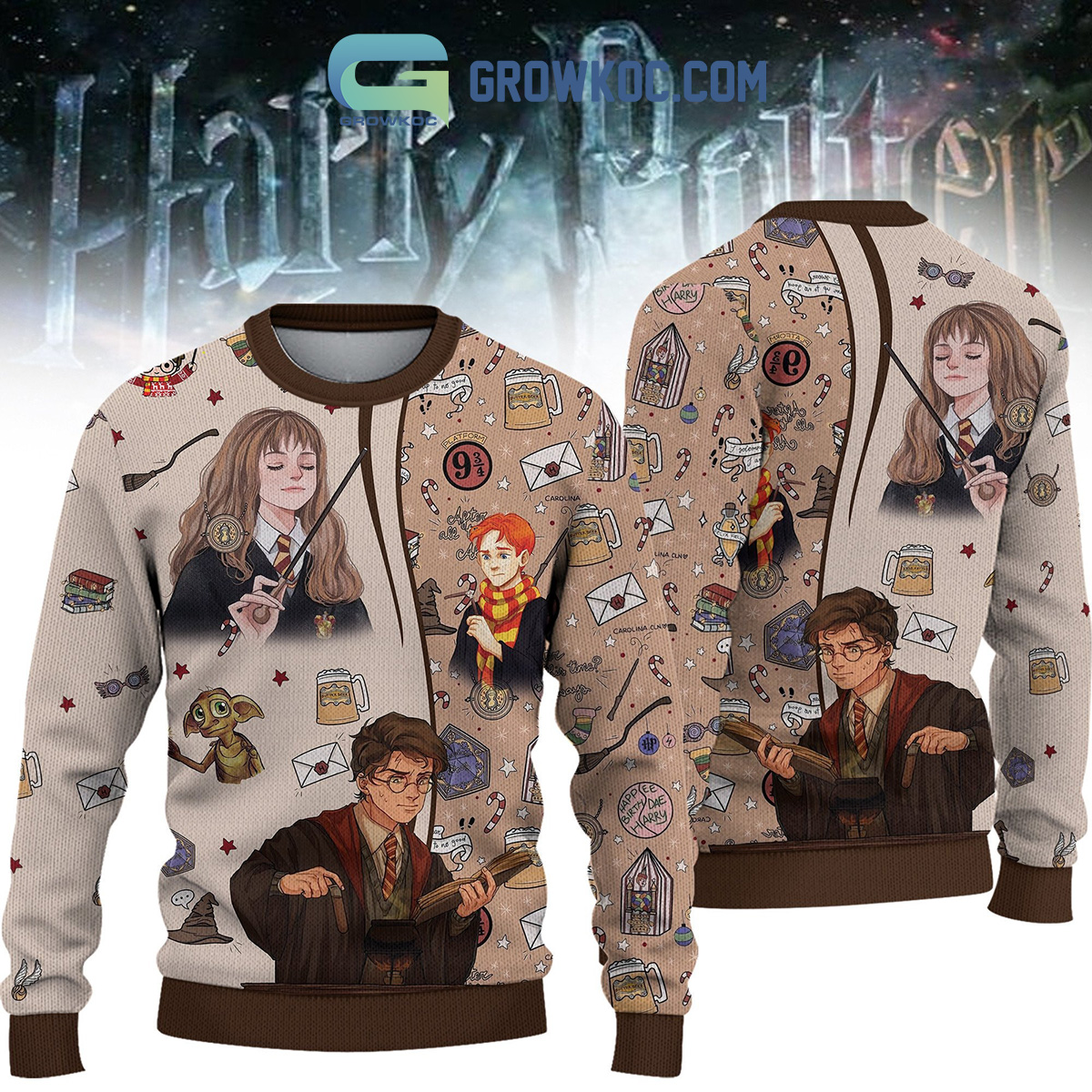 Harry Potter Hermione Granger Ron Weasley Hogwarts School Wizard World Holidays Ugly Sweater2B0 mOBdx