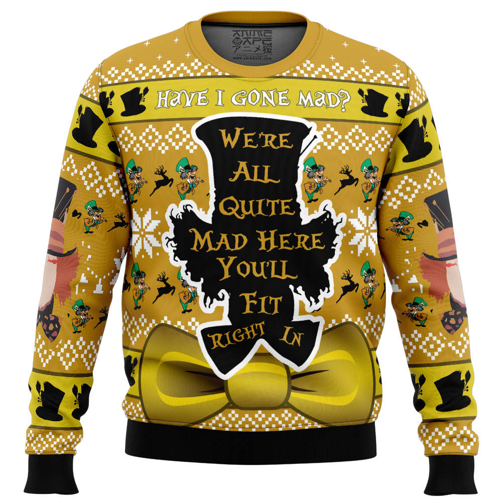 Have I Gone Mad Alice in Wonderland Ugly Christmas Sweater FRONT mockup