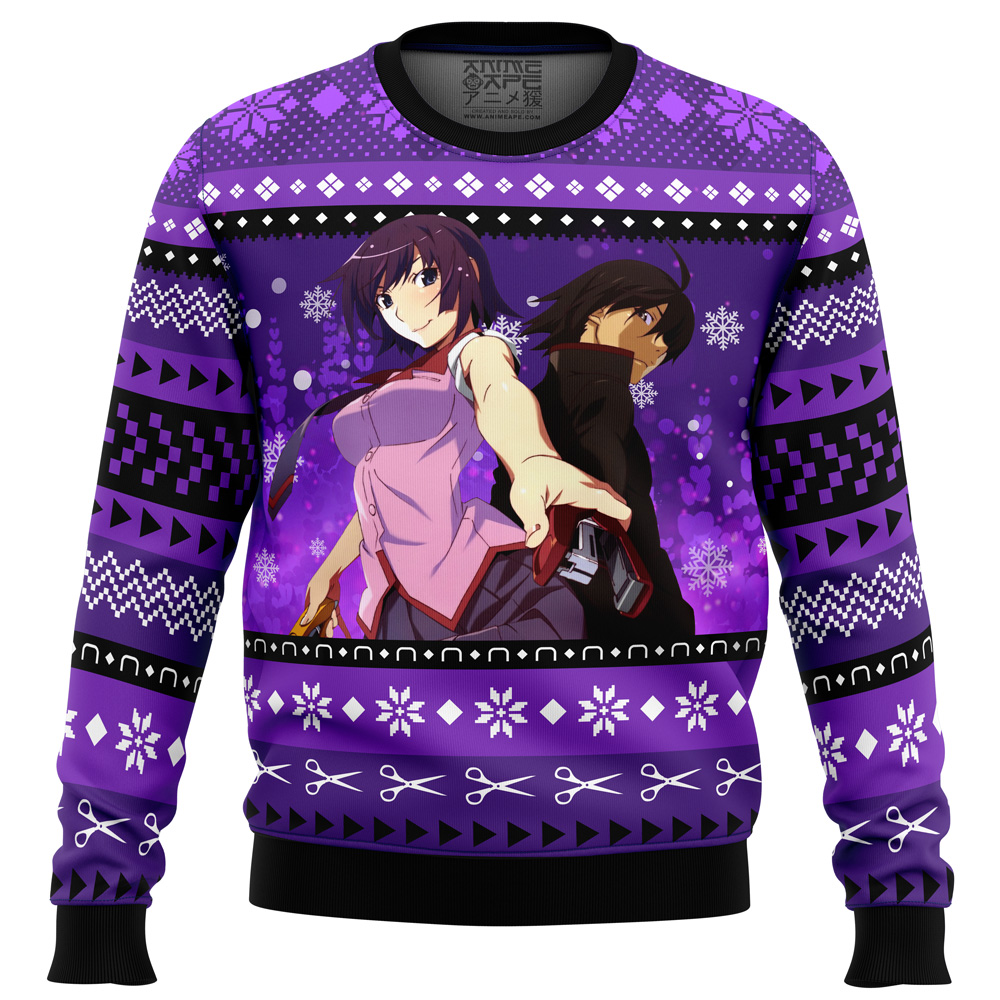 Hitagi and Koyomi Bakemonogatari Ugly Christmas Sweater FRONT mockup