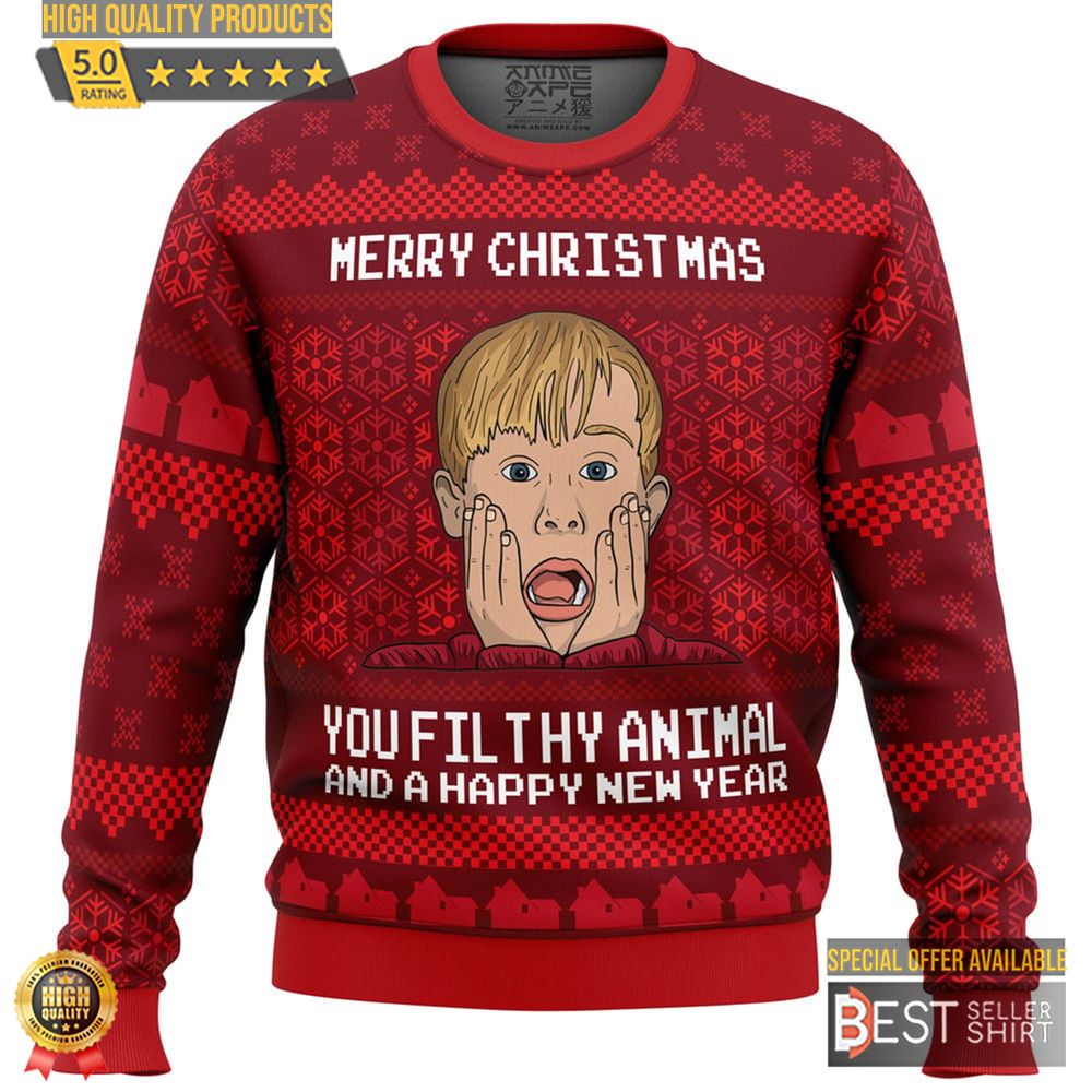 Home Ugly Christmas Sweater Merry Christmas Ya Filthy Animal Sweatshirt Kevin Mccallister Christmas Movie 1