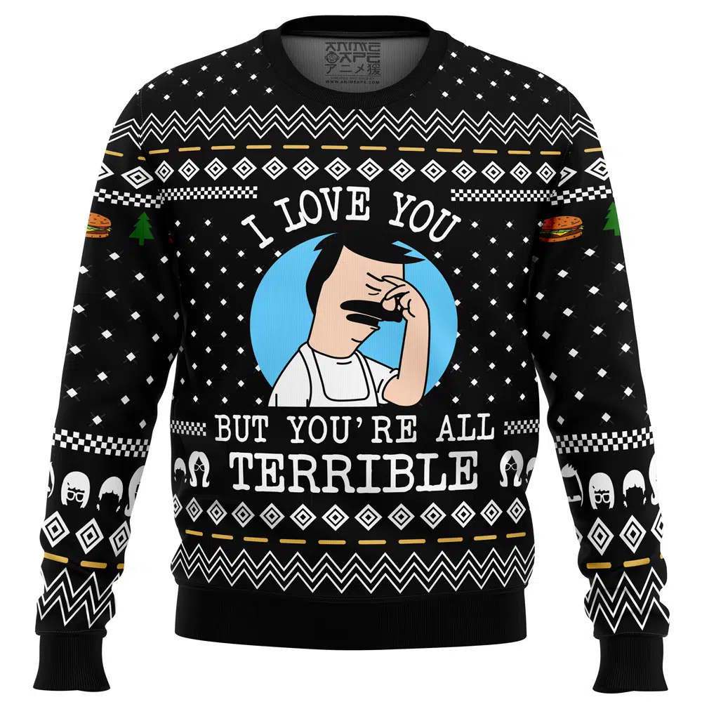 I Love You but Bobs Burgers Ugly Christmas Sweater FRONT mockup