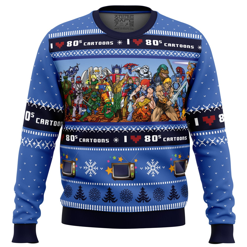 I love the 80s Cartoons PC Ugly Christmas Sweater FRONT mockup