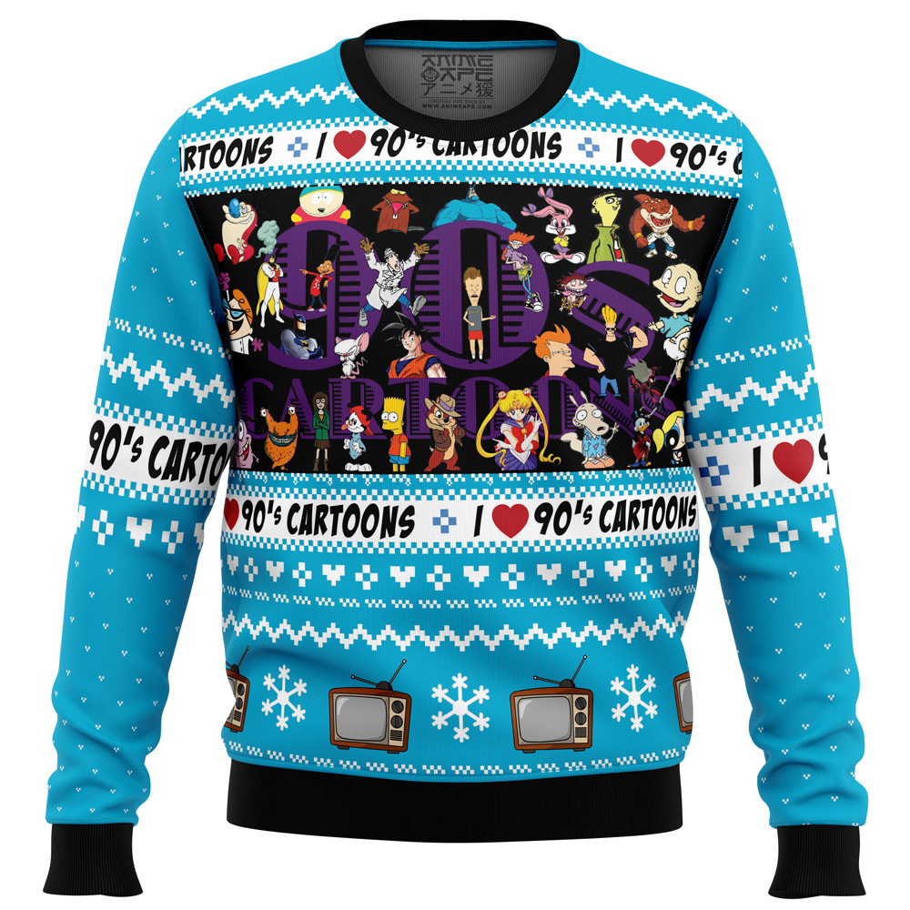 I love the 90s Cartoons PC Ugly Christmas Sweater FRONT mockup