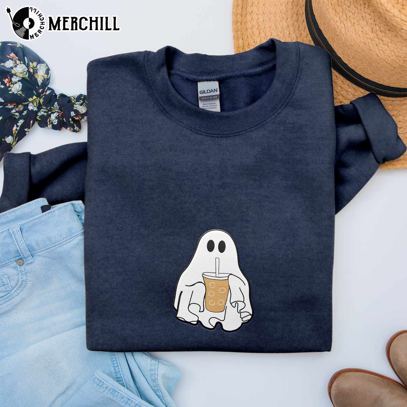 Iced Coffee Halloween Ghost Sweatshirt Embroidered Fall Shirt