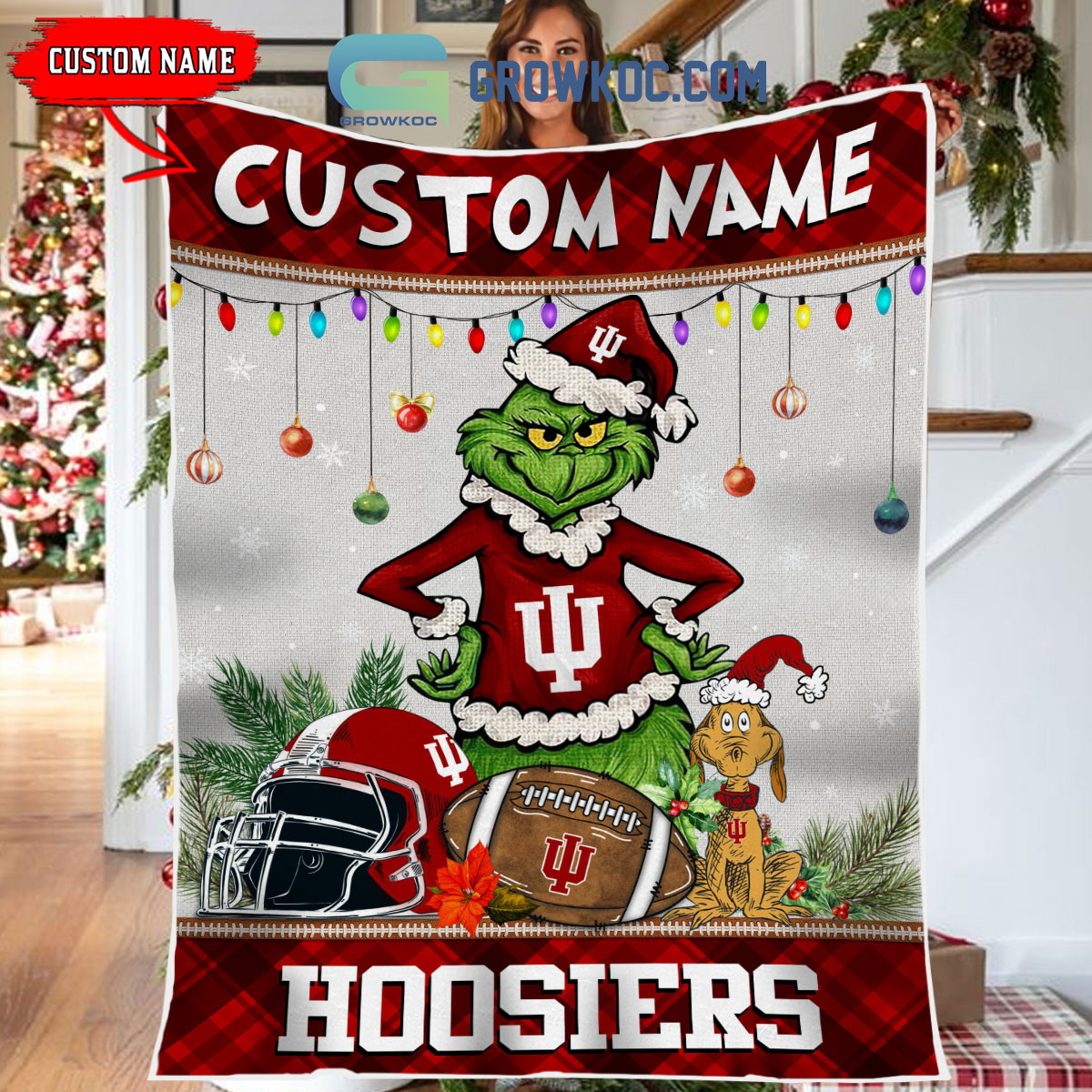 Indiana Hoosiers Grinch Football Merry Christmas Light Personalized Fleece Blanket Quilt2B1 qSo3v