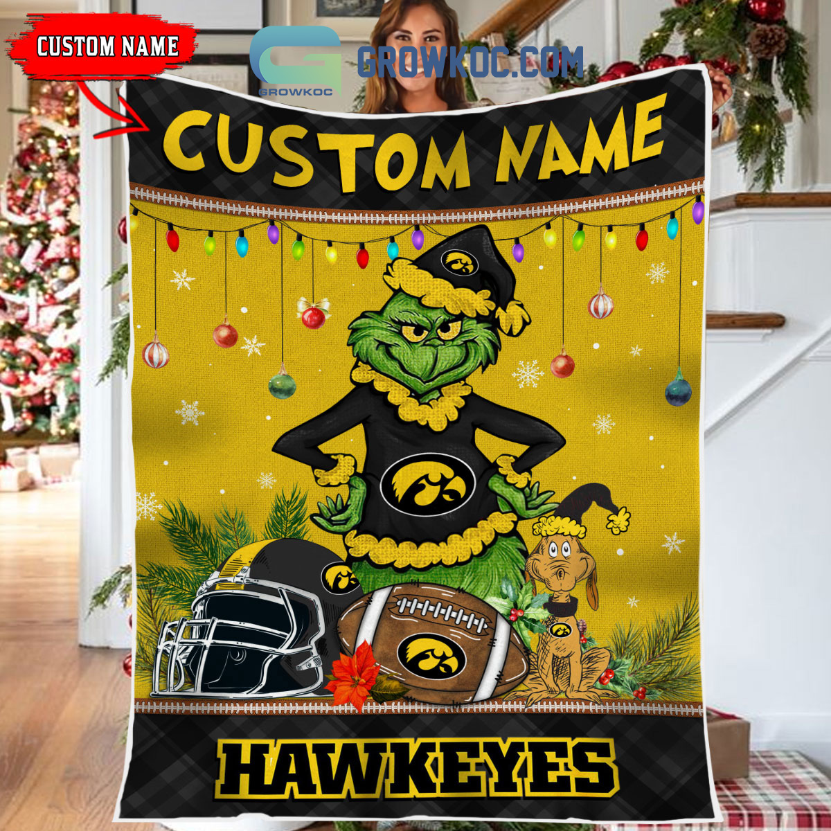 Iowa Hawkeyes Grinch Football Merry Christmas Light Personalized Fleece Blanket Quilt2B1 XcS8w