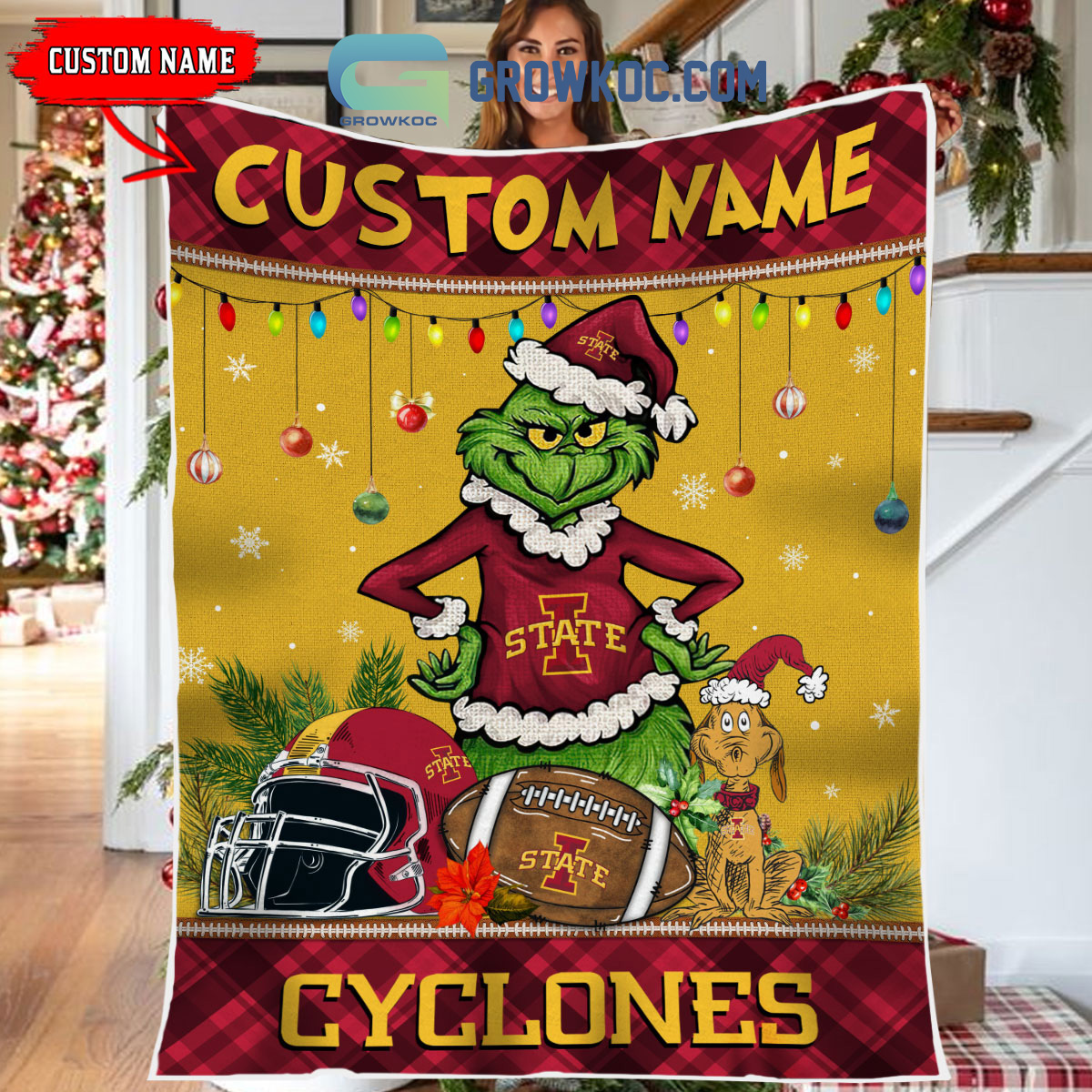 Iowa State Cyclones Grinch Football Merry Christmas Light Personalized Fleece Blanket Quilt2B1 Tf57A