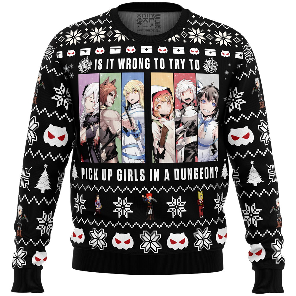 Is It Wrong To Try To Pick Up Girls DanMachi Ugly Christmas Sweater FRONT mockup