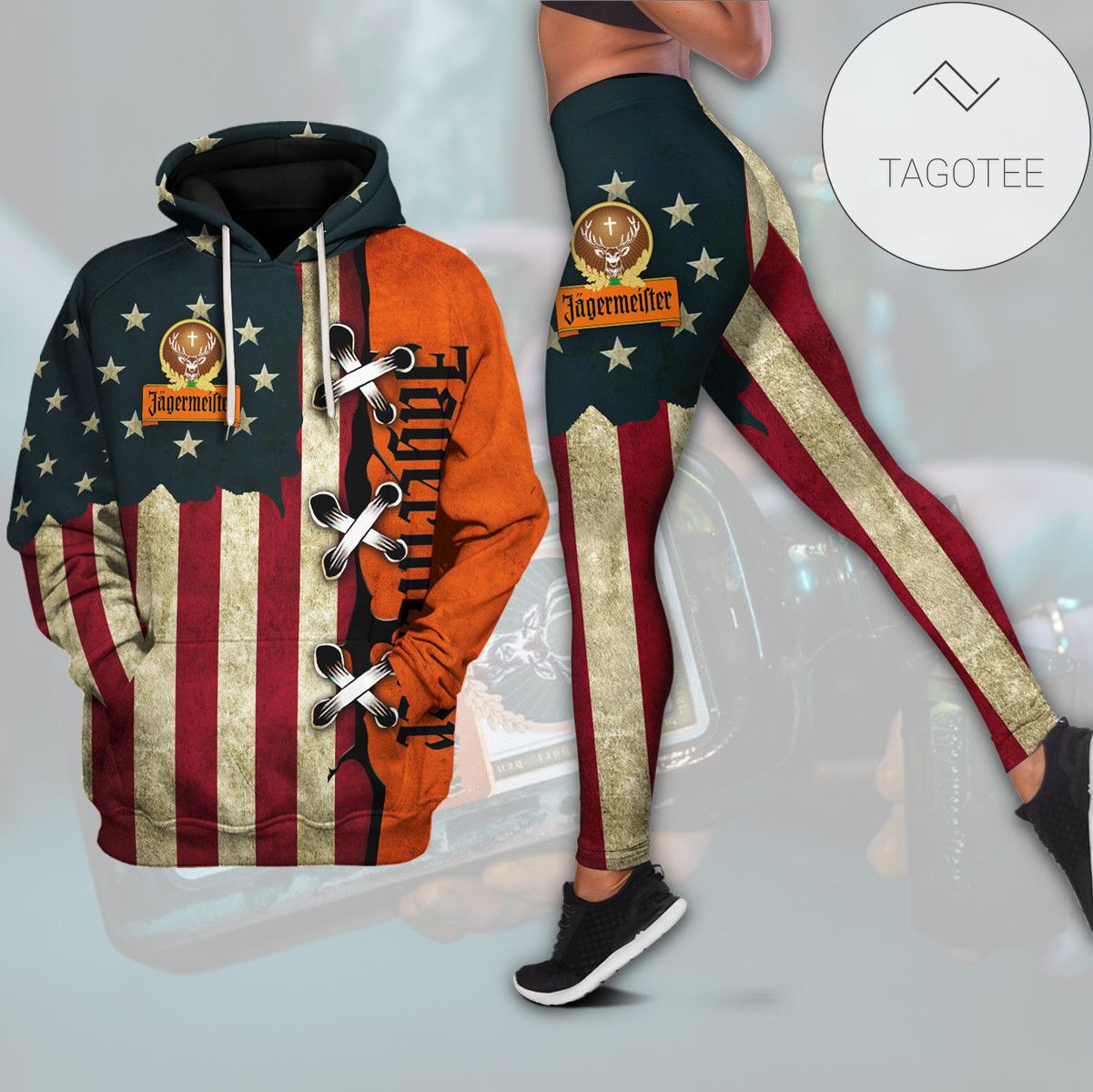 Jagermeister All Over Print 3D Combo Hoodie Legging American Flag Color