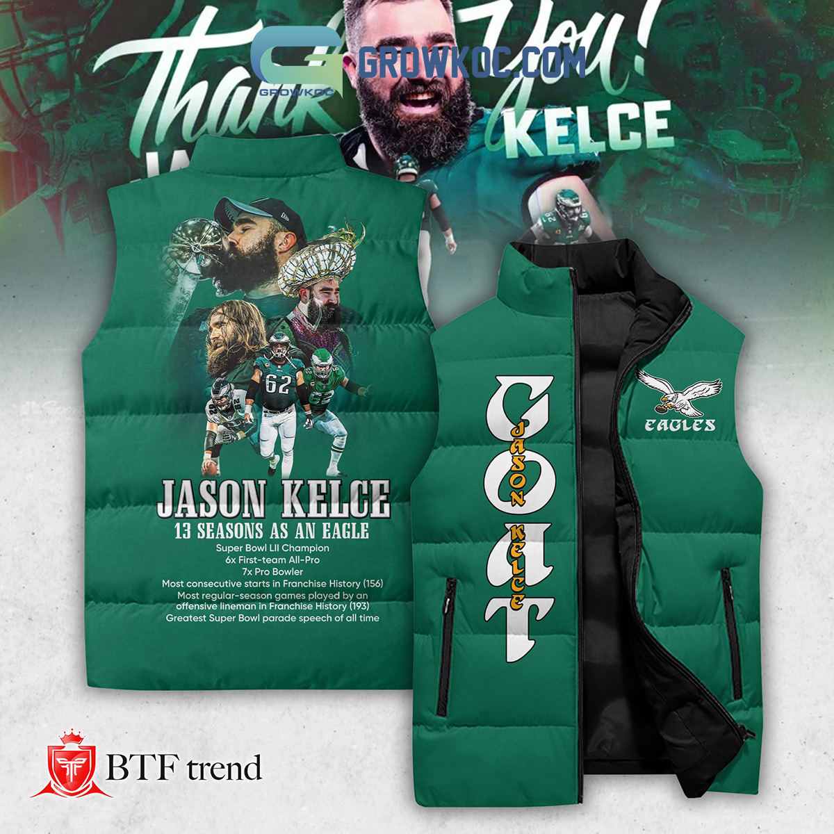 Jason Kelce 13 Season At Philadelphia Eagles Sleeveless Puffer Jacket2B1 mnEBP