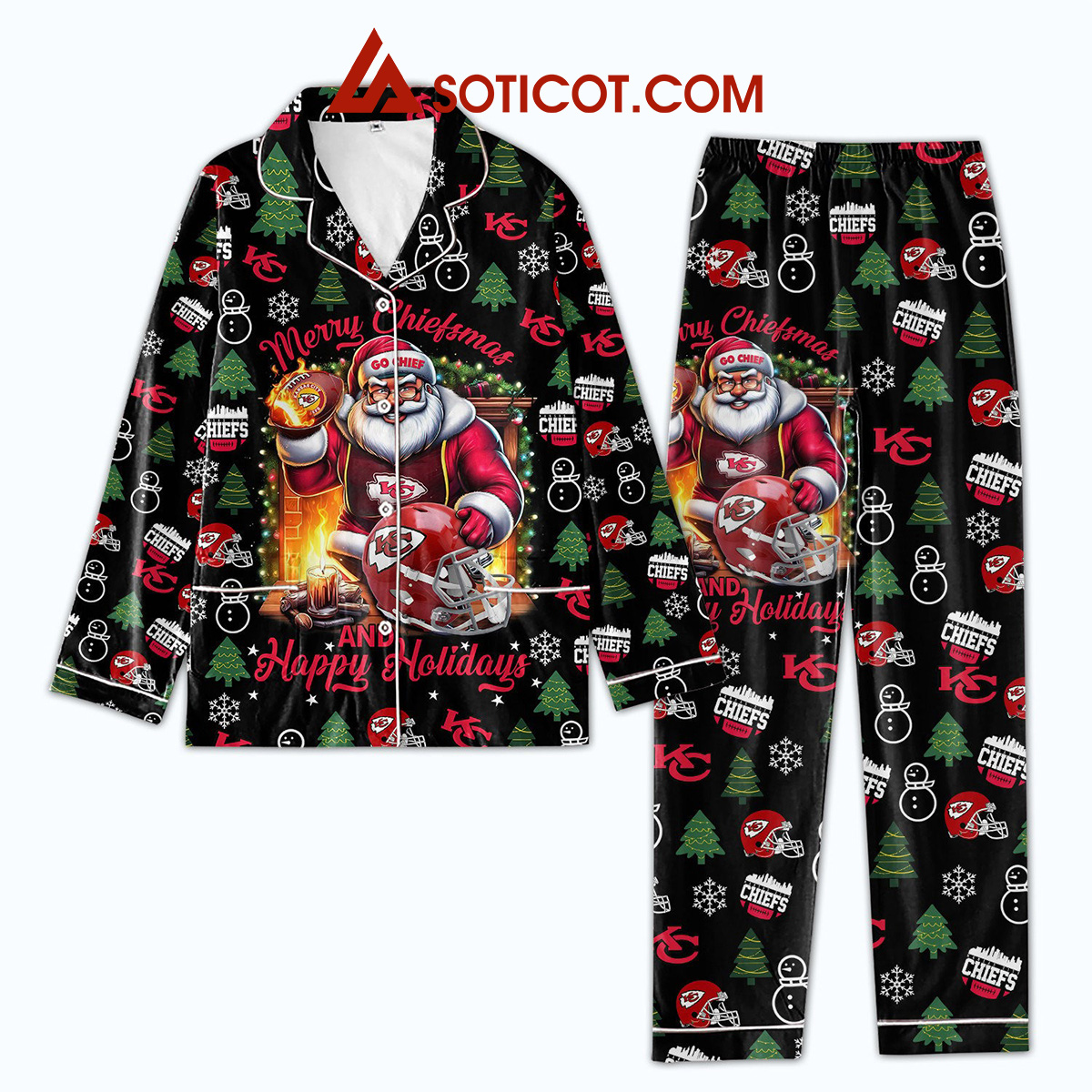 Kansas City Chiefs Merry Chiefsmas And Hally Holidays NFL Champion Silk Pajamas Set2B1 nQnNs