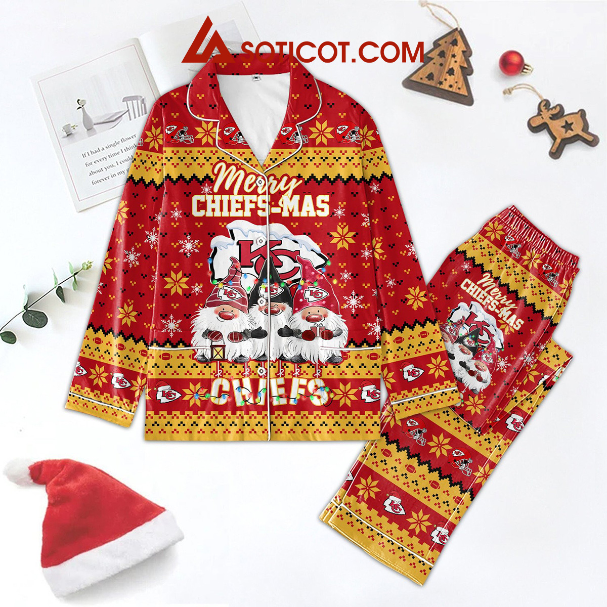 Kansas City Chiefs Merry Chiefsmas Go Chiefs Christmas Polyester Pajama Set2B0 FVTpP