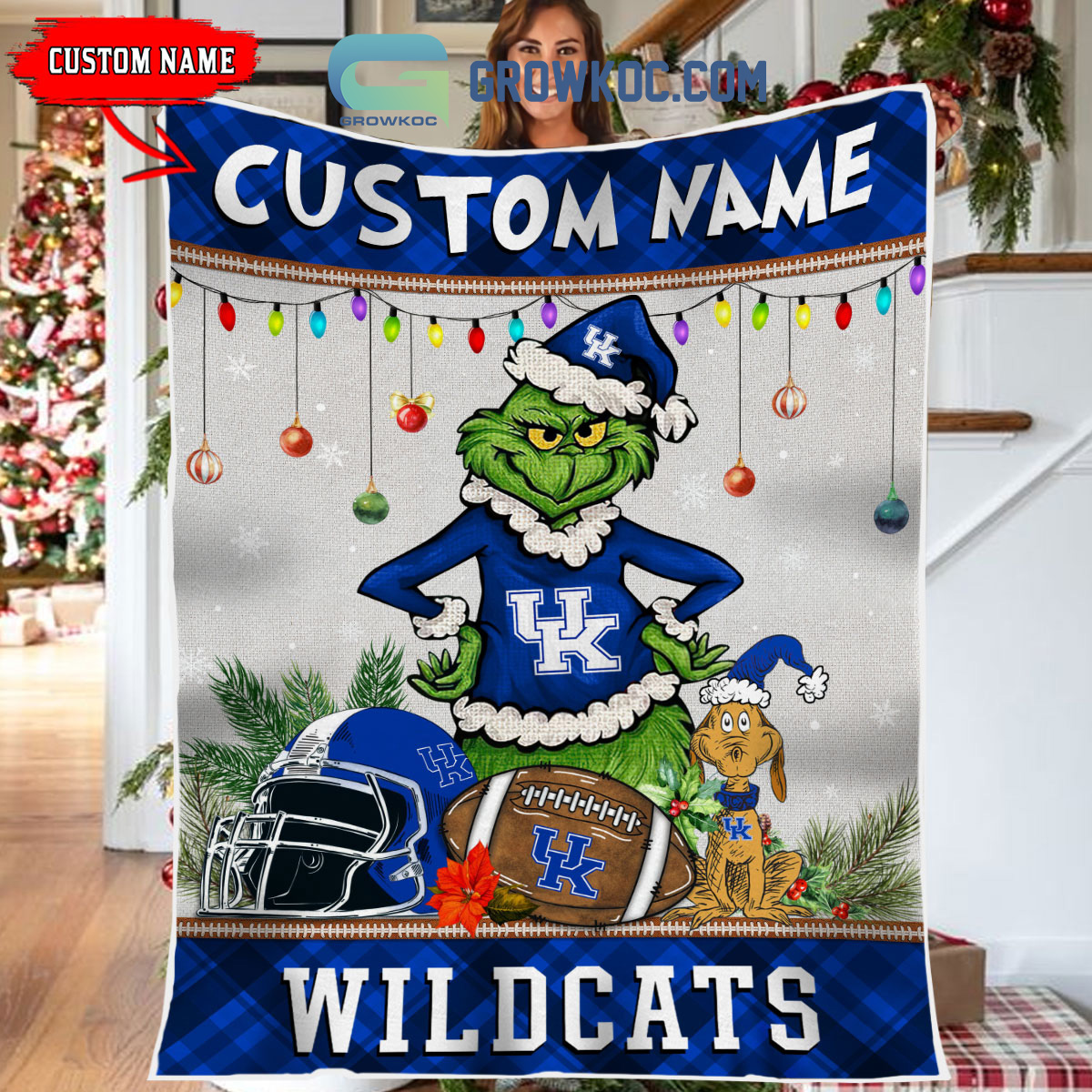 Kentucky Wildcats Grinch Football Merry Christmas Light Personalized Fleece Blanket Quilt2B1 i0k7s