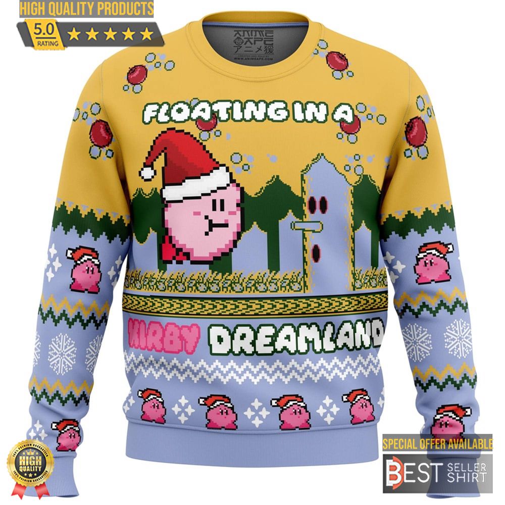 Kirby Video Game Ugly Christmas Sweatshirt Pink Kirby Ugly Sweater Floating In A Kirby Dreamland 1