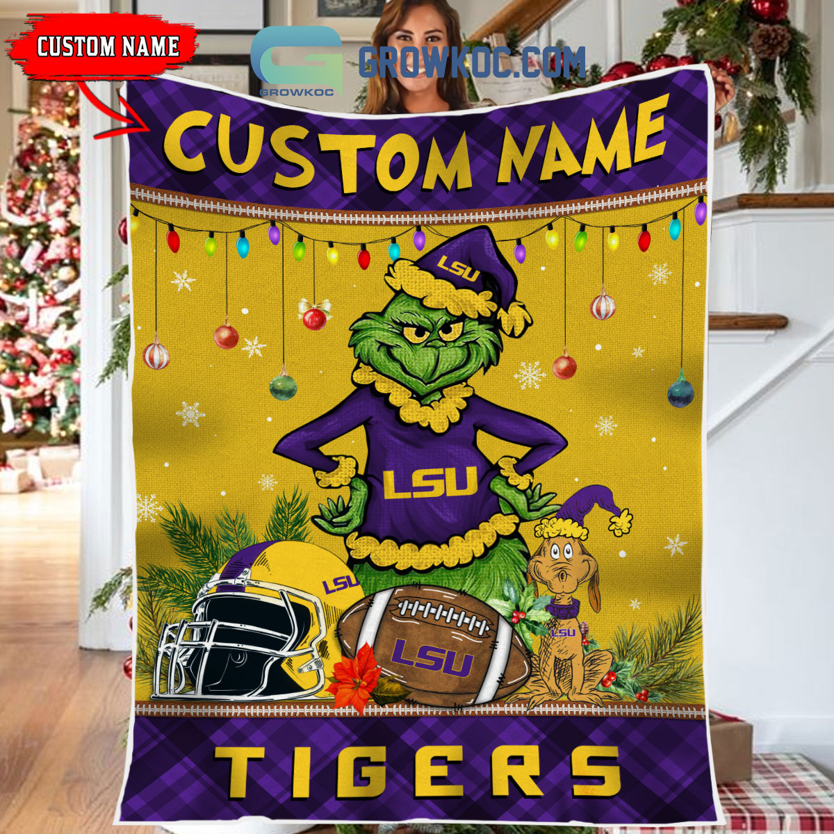 LSU Tigers Grinch Football Merry Christmas Light Personalized Fleece Blanket Quilt2B1 mmfTG