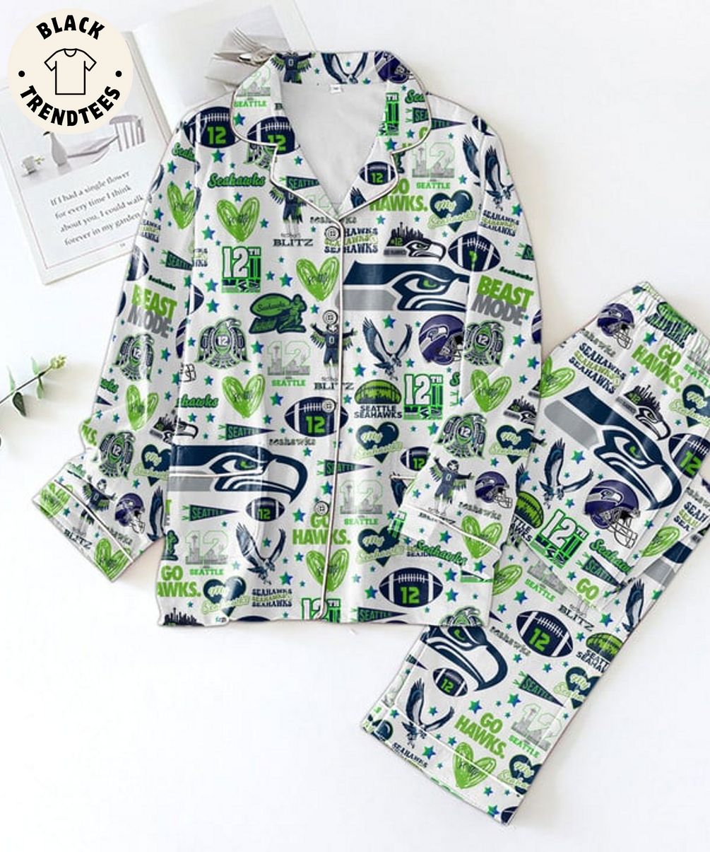 Limited Editon 2023 Seahawks Blitx 12 Seattle Mascot Design White Pijamas Set 4e4395 0