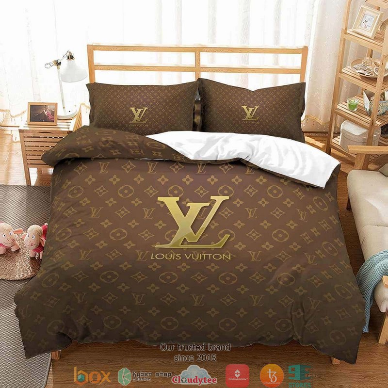 Louis Vuitton LV Gold logo brown Duvet cover bedding set