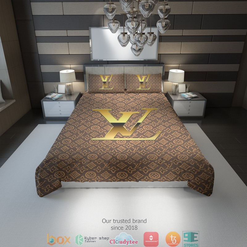 Louis Vuitton gold logo brown bedding set