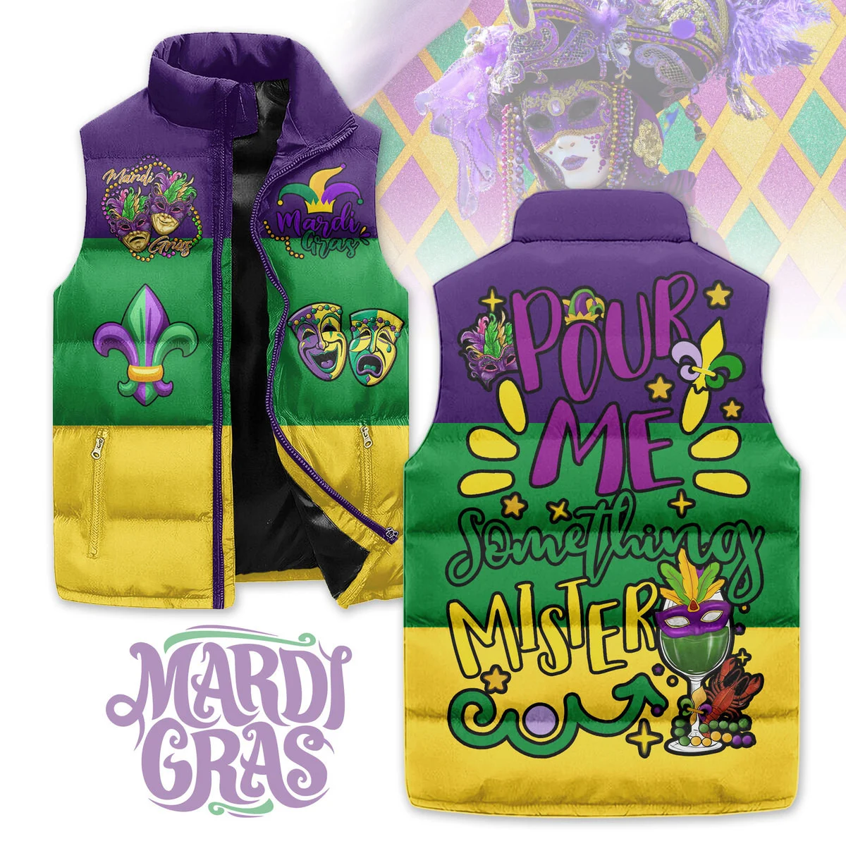 Mardi Gras Puffer Sleeveless Jacket Pour Me Something Mister2B1 HfsXm