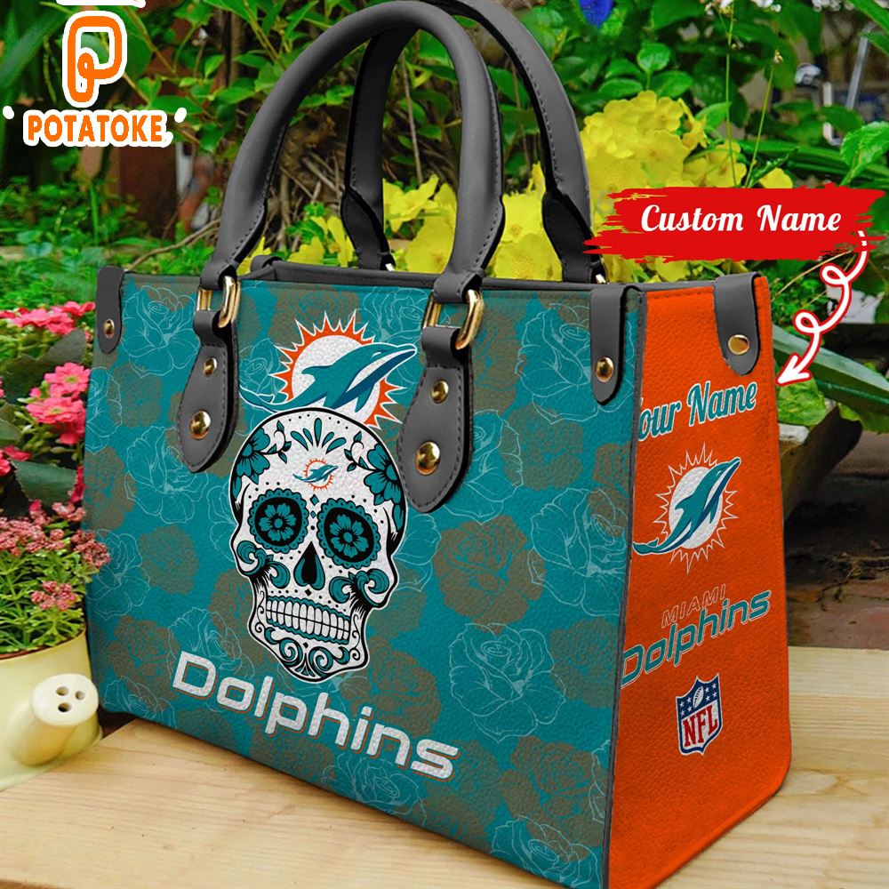 Miami Dolphins NFL Team Sugar Skull Women Leather Hand Bag