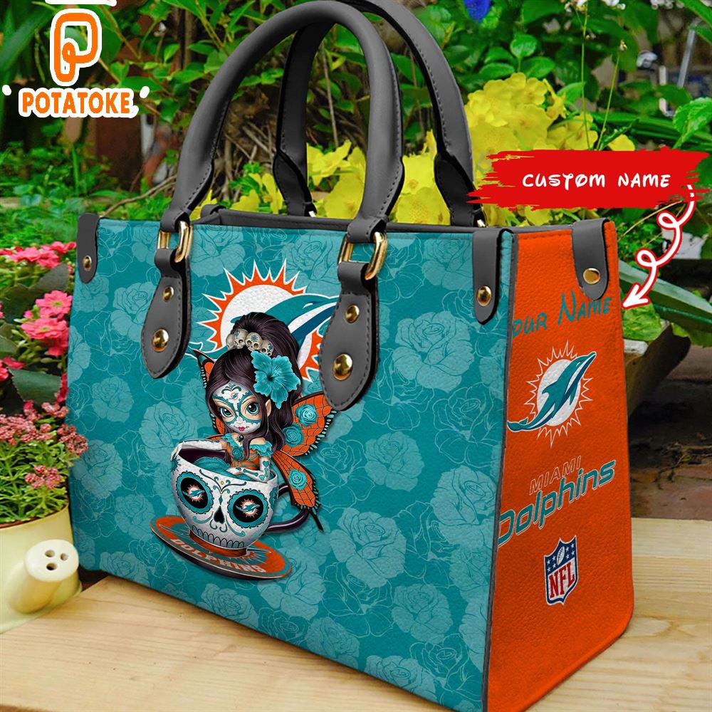 Miami Dolphins Sugar Skull Girl Women Leather Hand Bag