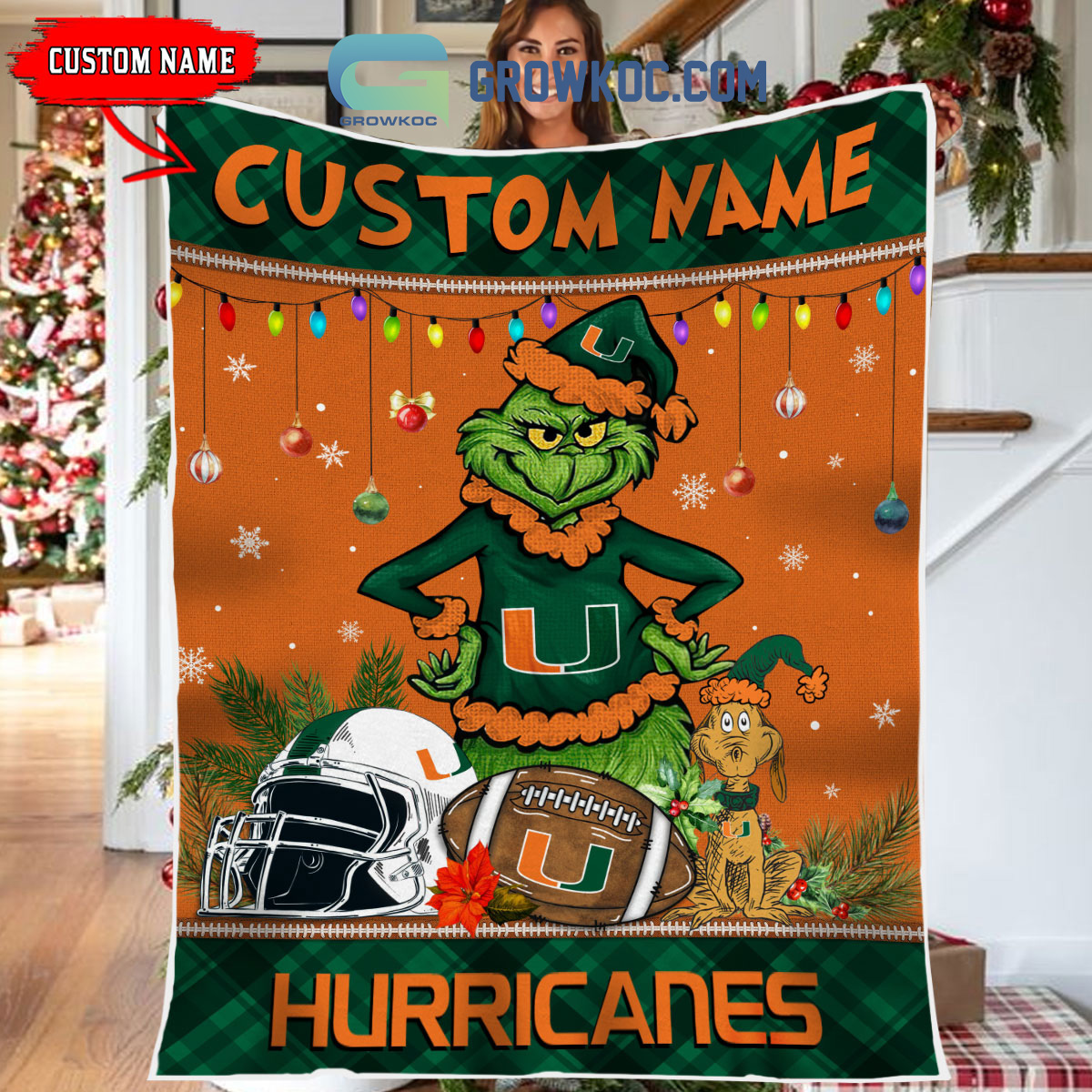 Miami Hurricanes Grinch Football Merry Christmas Light Personalized Fleece Blanket Quilt2B1 P6Pr6