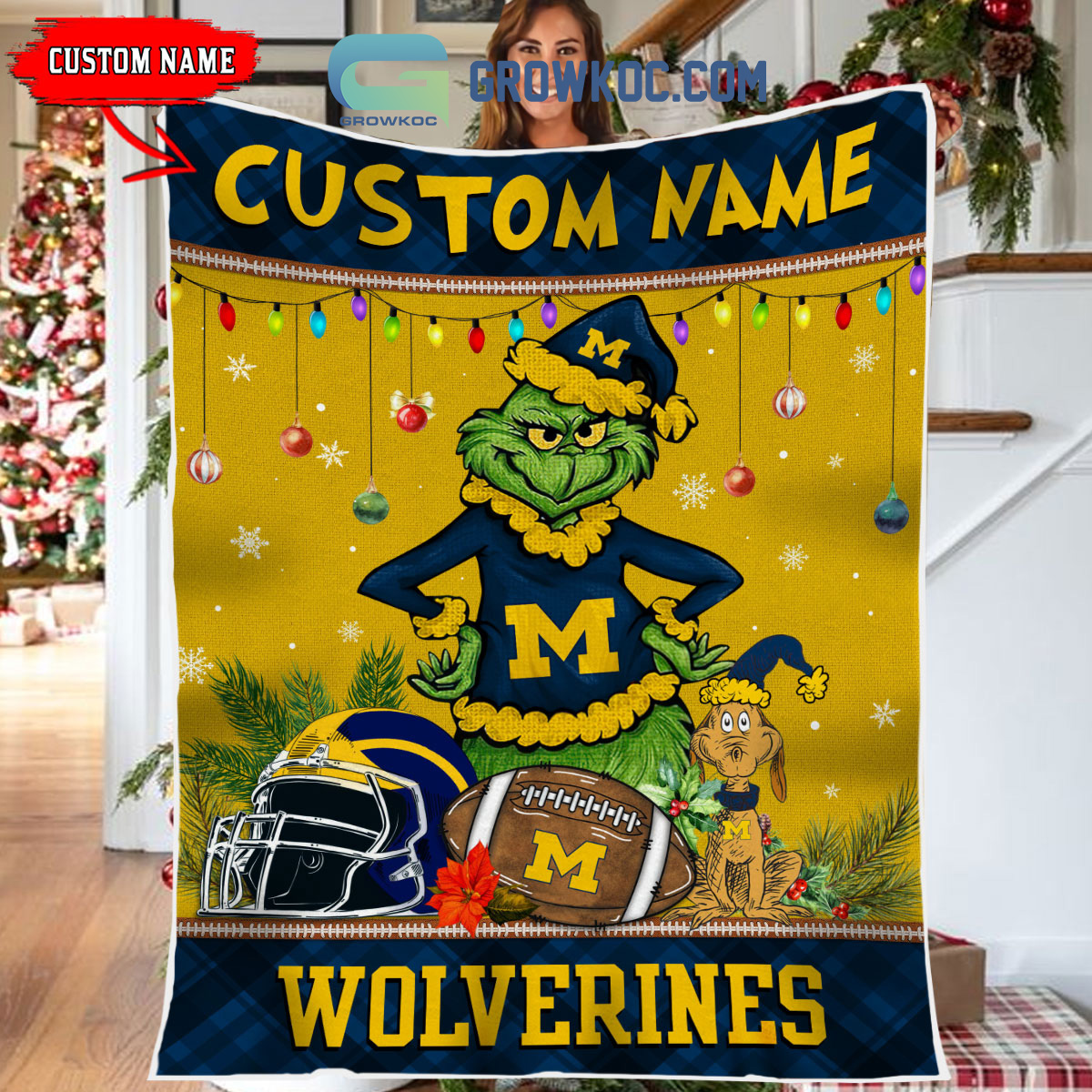 Michigan Wolverines Grinch Football Merry Christmas Light Personalized Fleece Blanket Quilt2B1 V92qV