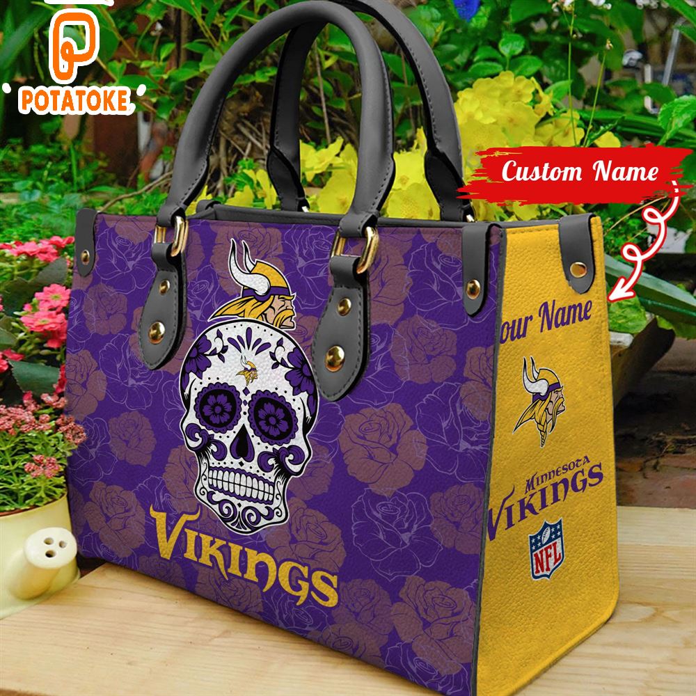 Minnesota Vikings NFL Team Sugar Skull Women Leather Hand Bag