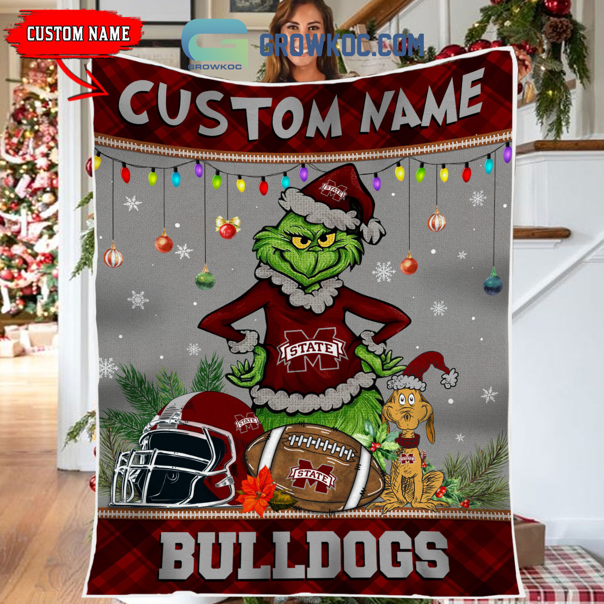 Mississippi State Bulldogs Grinch Football Merry Christmas Light Personalized Fleece Blanket Quilt2B1 fXaP5