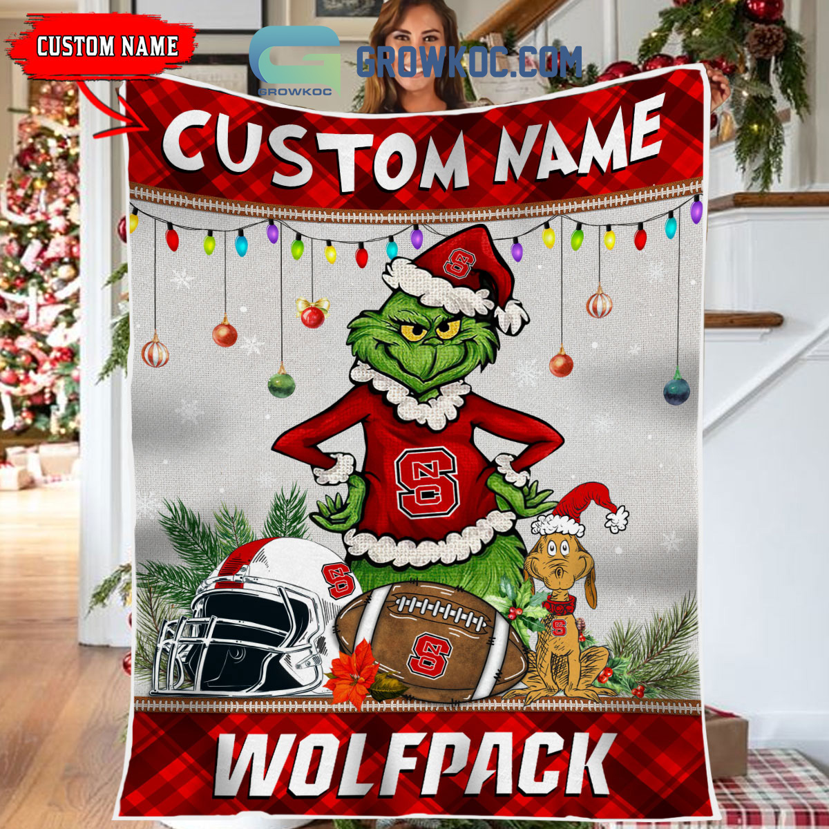 NC State Wolfpack Grinch Football Merry Christmas Light Personalized Fleece Blanket Quilt2B1 sUQF6