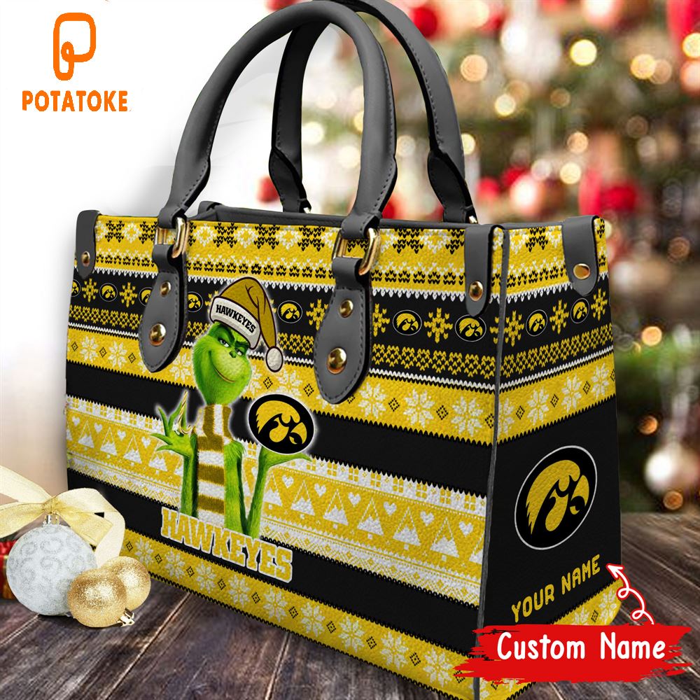 NCAA Iowa Hawkeyes Grinch Christmas Women Leather Hand Bag