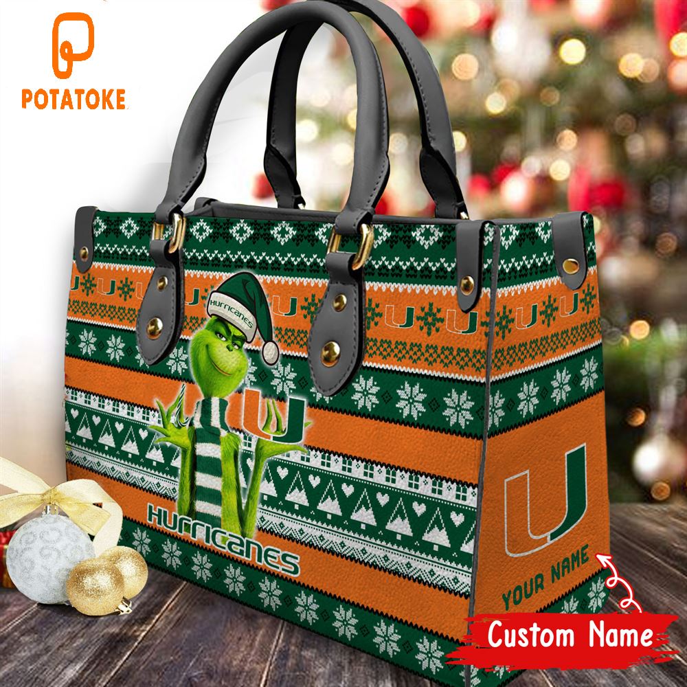 NCAA Miami Hurricanes Grinch Christmas Women Leather Hand Bag