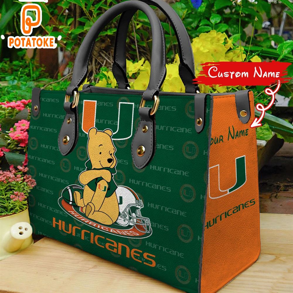 NCAA Miami Hurricanes Pooh Bear Women Leather Hand Bag