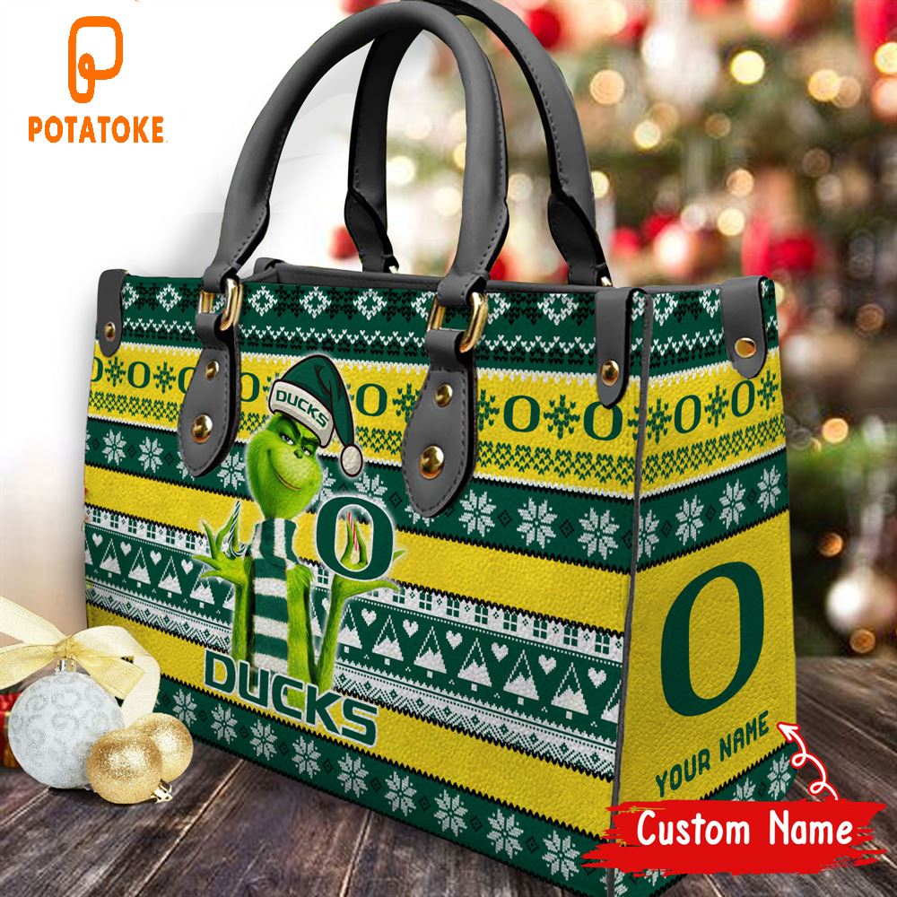 NCAA Oregon Ducks Grinch Christmas Women Leather Hand Bag