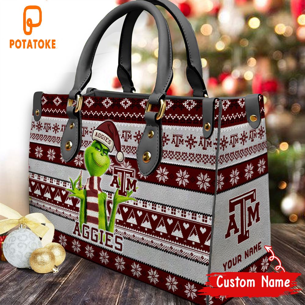 NCAA Texas A M Aggies Grinch Christmas Women Leather Hand Bag