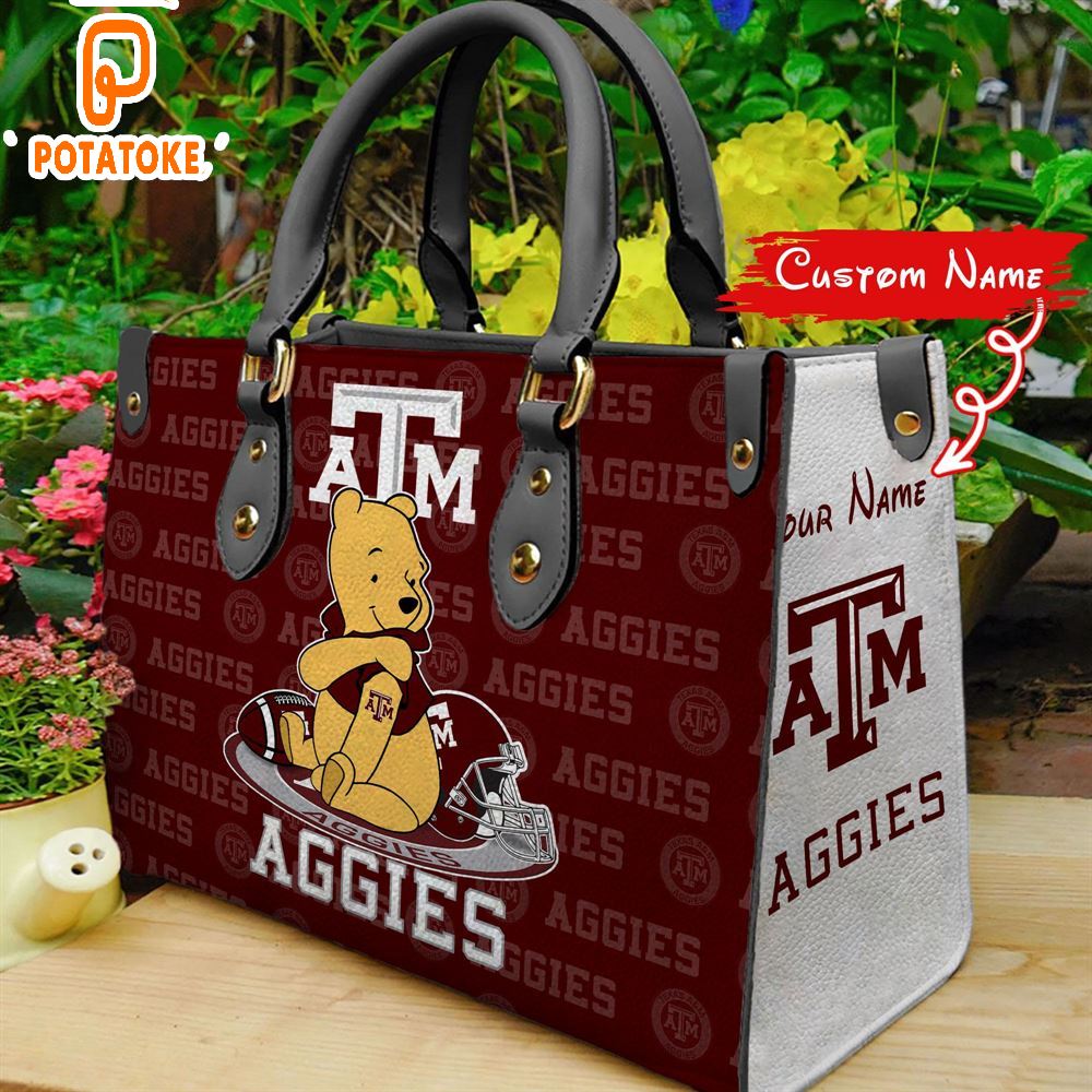 NCAA Texas A M Aggies Pooh Bear Women Leather Hand Bag