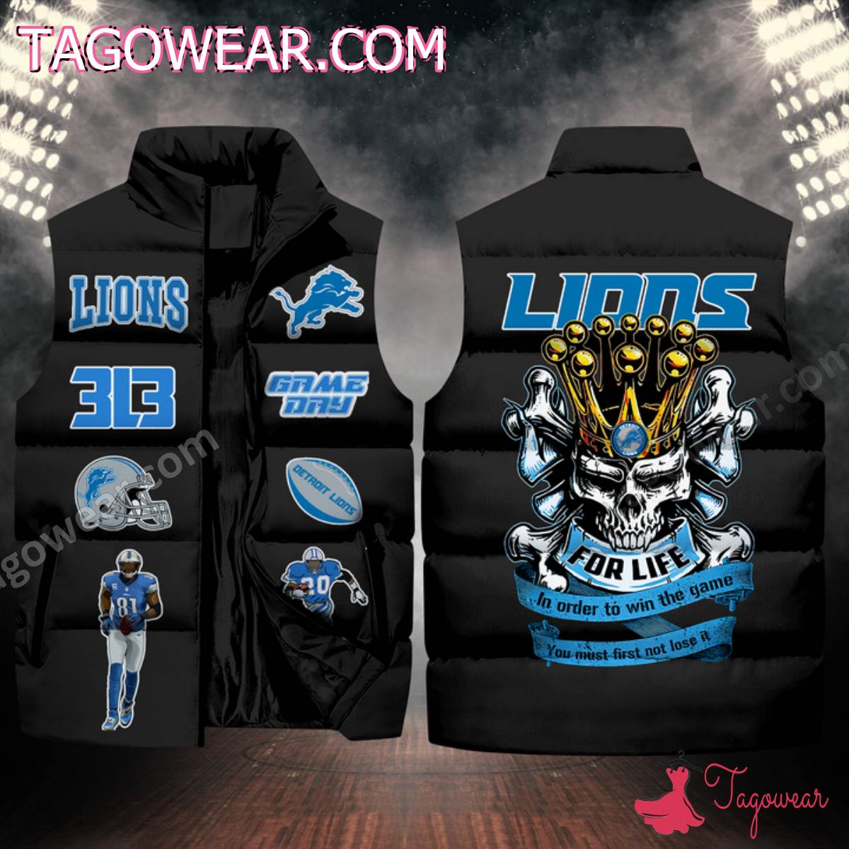 NFL Detroit Lions Skull For Life In Order To Win The Game Puffer Sleeveless Jacket